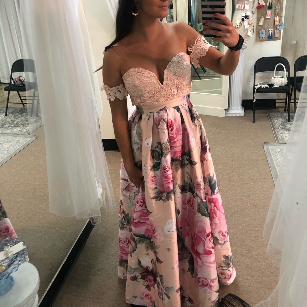 Blush Lace Off Shoulder Gown with Floral Skirt
